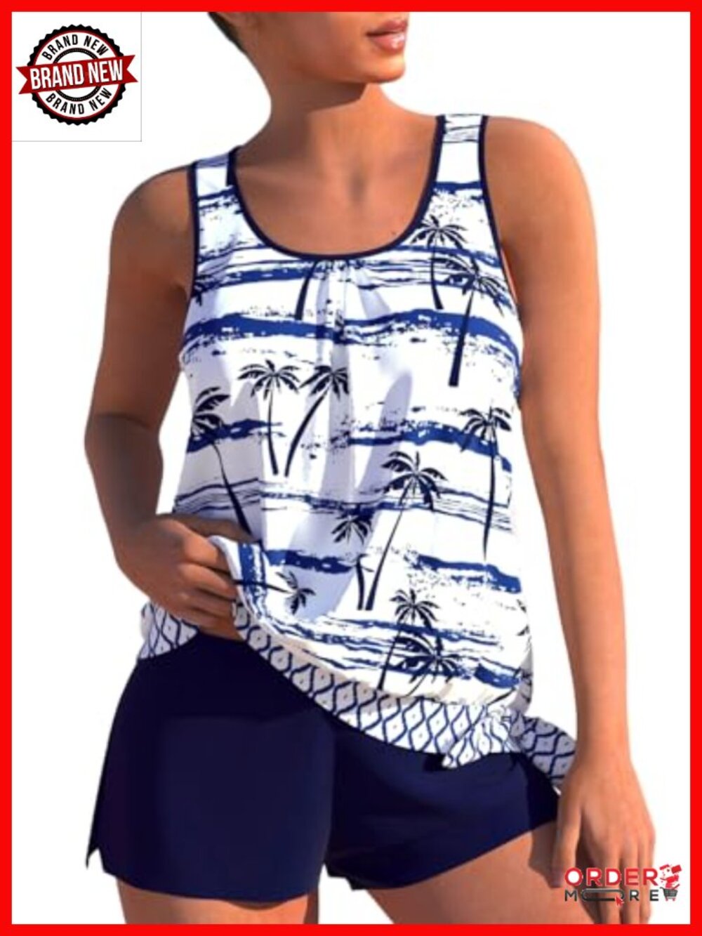 Tankini Set with Board Shorts, Tropical Print, Modest Swimwear